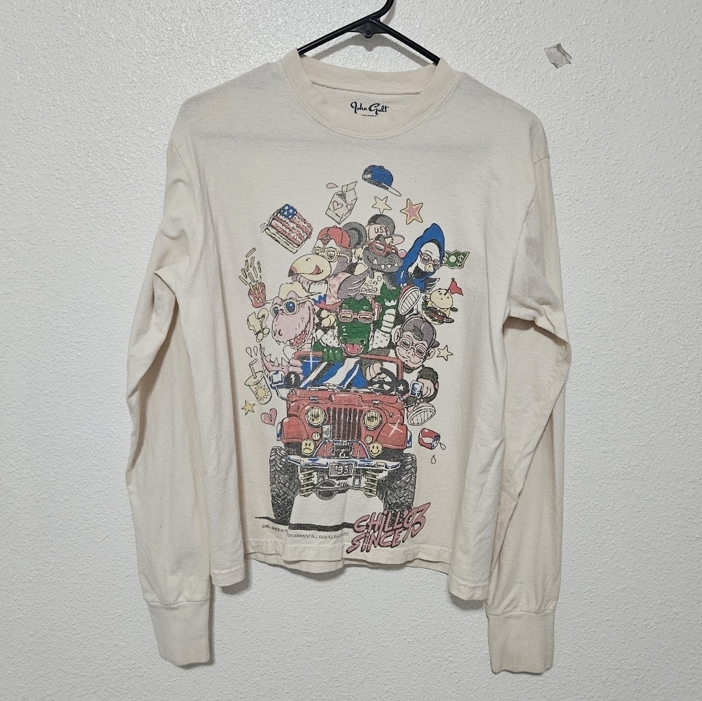 Brandy Melville Cream Long Sleeve Graphic Tee with Multicolor Print